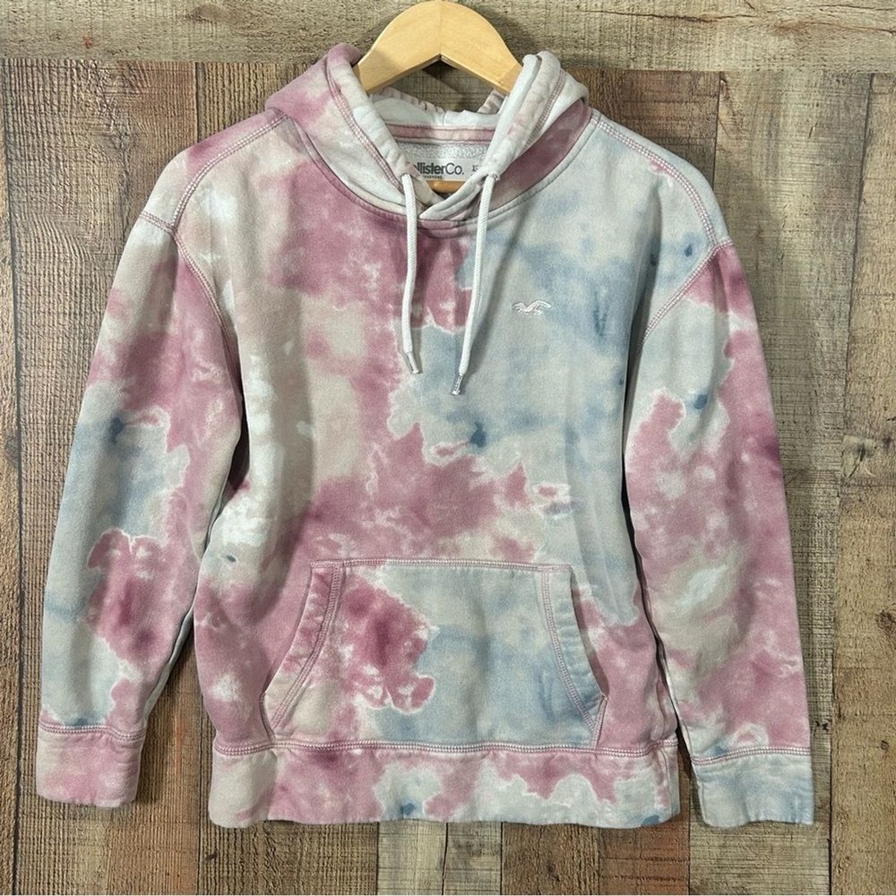 Hollister XS Pink Blue Tie Dye Hoodie Pullover Sweatshirt Embroidered Seagull